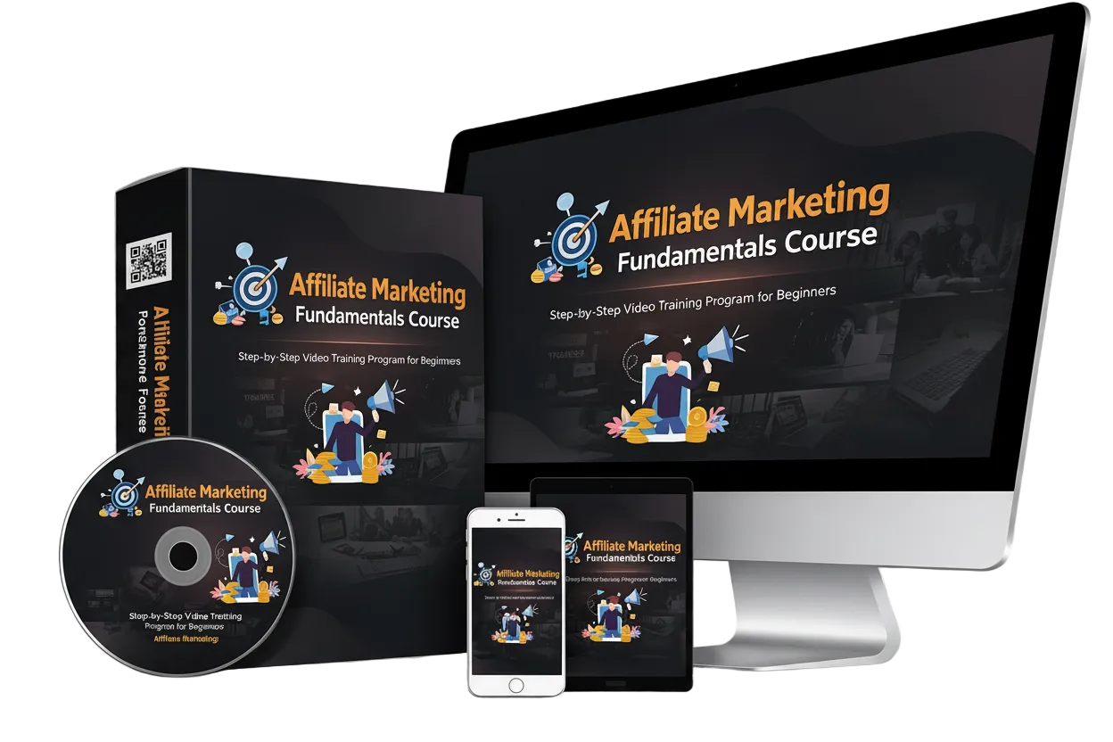 Educational materials for an 'Affiliate Marketing Fundamentals Course' including a computer monitor, phone, and physical book.