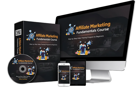 Educational materials for an 'Affiliate Marketing Fundamentals Course' including a computer monitor, phone, and physical book.